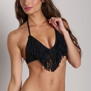 NWT L*space Audrey Fringe Black Zig Zag Knit Bikini Top